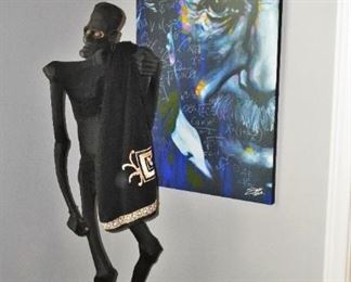 Large wooden statue with Einstein print by Stephen Fishwick