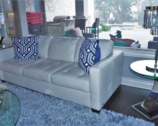 Natuzzi leather sofa with chrome and glass end tables