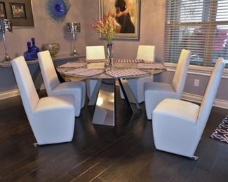 Chrome and marble dining table with white leather chairs with matching console table