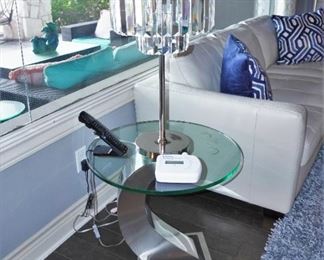 Chrome and glass end tables with crystal and chrome lamps