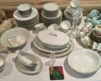 Nagoya Nippon China, Grecian Key. 78 pieces. 12 each: dinner, salad, dessert, bread plates. 8 fruit bowls. 8 coffee cups, 7 saucers. 1 each: gravy boat, oval covered casserole, oval serving dish, round serving bowl, medium platter. 2 small platters.