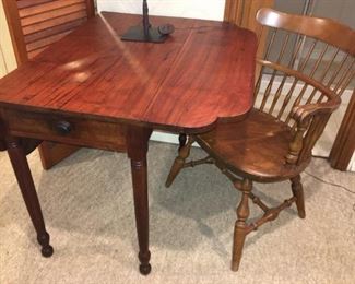 Drop-leaf table. Also pair of Nichols & Stone wooden arm chairs