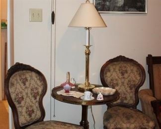 Beautiful Rosewood slipper chairs, fabulous mahogany/brass Pie Crust table, Cuckoo clock (needs a little TLC)