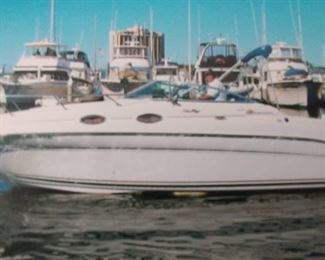 2000 Sea Ray Sundancer 260. Beautiful 26 ft cabin cruiser with a 5.7 L V8 mercury engine. Two cabin rooms, refrigerator and stove.
Boat is docked at Marina Village in Mission Bay. Rights to the slip are included.