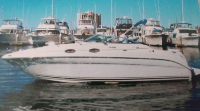 2000 Sea Ray Sundancer 260. Beautiful 26 ft cabin cruiser with a 5.7 L V8 mercury engine. Two cabin rooms, refrigerator and stove. 
Boat is docked at Marina Village in Mission Bay. Rights to the slip are included. 