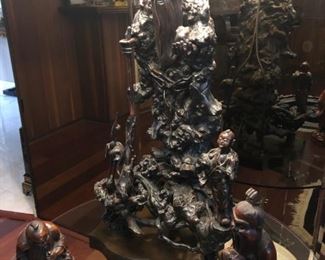 Large Carved Chinese Rosewood Figural Lamp