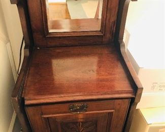 Antique walnut coal scuttle, with tin  liner and coal shovel 