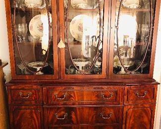 Vintage Jasper China cabinet, wood grain with bubble glass with drop front desk