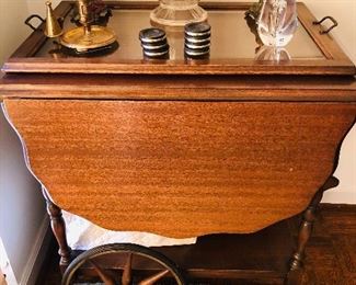 Antique mahogany Veneer tea cart with glass tray top