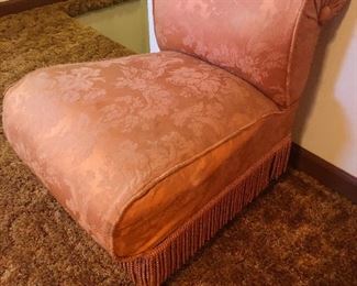 French Bedroom chair on double caster, rose brocade upholstery 