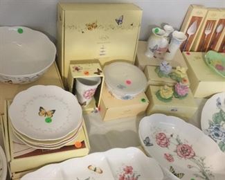 Lenox butterfly meadow dishes, coffee pot, sugar & creamer, salt & pepper sets. Lunch plates, vase, 3 part serving dish