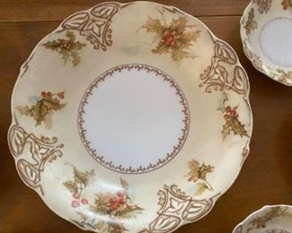 Old Ivory Silesia Holly Berry Christmas Pattern 9 1/2 In Vegetable Serving Bowl plus 6 5 inch serving bowls		