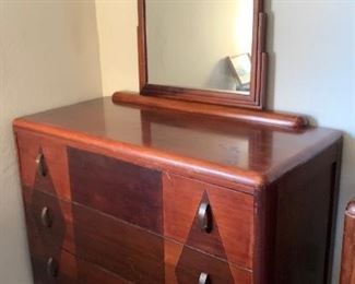 Vintage Art Deco Walnut/Maple Dresser w/ Mirror	33x44x20in	HxWxD
