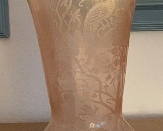 Paden City Glass Etched Vase Pink Peacock Roses		
