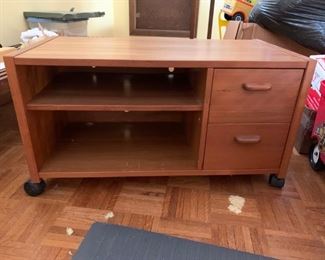 #16 Mid century tv stand w 2 drawers and 2 shelves on wheels 33x17x18  $ 125.00
