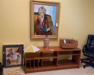 #7 Norin boggs painting of old lady in gold frame from Penselvina $ 100.00
#8 cabinet handmade display tv cabinet with shelves 71x18x21 $200.00

