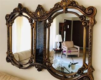 Show stopper. Regal, Ornate Double Arch Mirror with Smoky Glass insert. Would look great in a modern loft or on a brick wall! Wood and very heavy. mint.