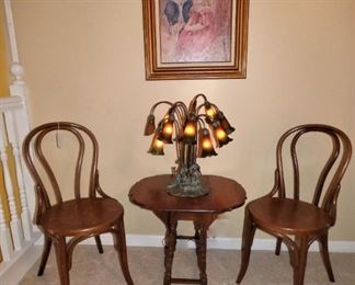 Pair of Oak Bent Wood Side Chairs, Unusual Multi-Light Lamp