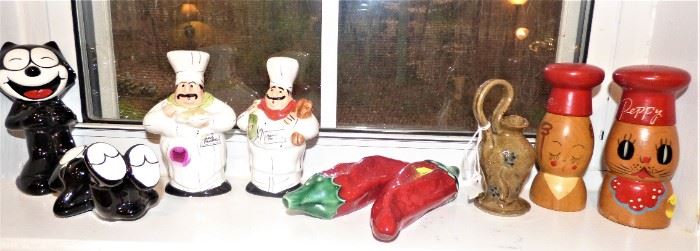 Salt/Pepper Shakers: Felix the Cat, Chefs, Red Peppers, Vintage Wooden "Chef" Shakers