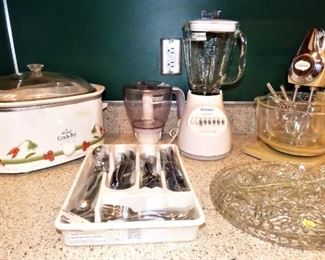 Vintage Harvest Gold Mixer, Crock Pot, Osterizer Blender, Large Set of Cambridge Stainless Flatware