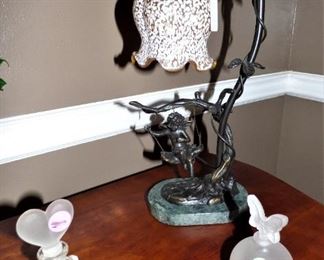 Marble-based cupid on swing  budoir lamp