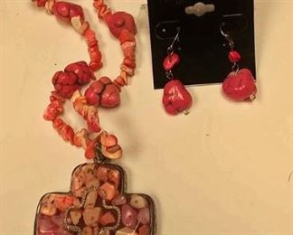 https://www.ebay.com/itm/114174497231 AB0004 PINK CROSS WITH EARRINGS CROSS LUCITE WITH STONE BEADS 20 INCH CHAIN BOX 74 AB0004 $10