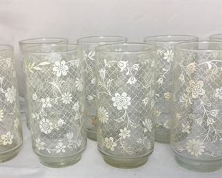 https://www.ebay.com/itm/114194993663 BR001: Vintage Mid-Century Modern White Floral Decorated Glass Tumblers, 8 pieces, 5.5" $35