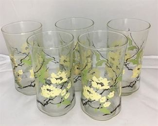 https://www.ebay.com/itm/114194996212 BR002: Mid-Century Modern Glass Tumblers with White Flowers on Branches, 5 pieces, 5" $20