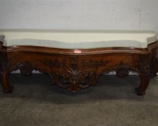 Heavily carved French walnut rococo end of the bed bench w/ Drawer