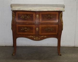 French marble top inlaid mahogany Bombay chest with bronze mounting
