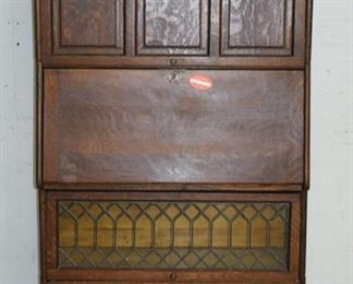 Very Rare Oak Paneled & Leaded Glass Doors Stacking Bookcase w/ Desk and Drawer 