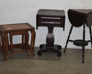 Carved Nest of Tables, Empire Stand and Drop Leaf Lamp Table 