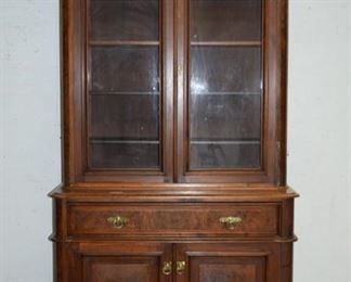 Antique Burled walnut tall bookcase with desk