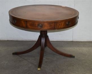 Inlaid Flamed Mahogany Leather Top Drum Table 