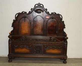 Carved Burl Walnut Full Size Bed w/ Rails 