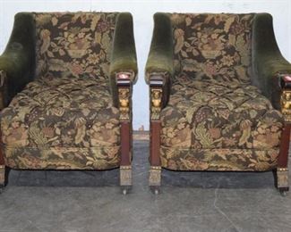 Outstanding pair mohair guilted fireside arm chairs 