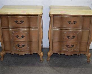 Pair of white washed marble top French provincial nightstands 