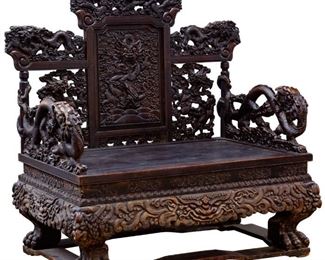 Chinese Victorian Carved Wood Bench