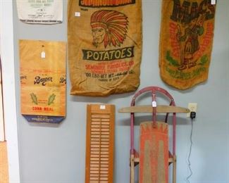 Vintage  Potato Sacks, old sled