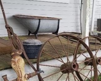 Water Pump, Antique Galvanized Bathtub, & Wagon Wheels
