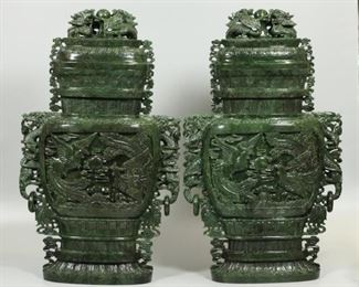 pair of Chinese spinach jade cover vases