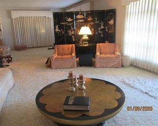 COFFEE TABLE PR. CLUB CHAIRS LAMP & BLACK LACQUER SCREEN