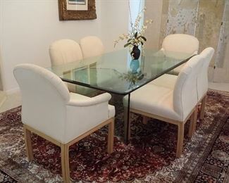 Glass top dining table with beveled glass, 6 chairs