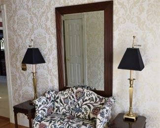 Settee, 2 Accent tables, 2 decorative lamps, wall mirror