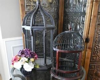 Glass accent table, decorative bird cages