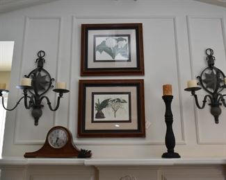 Wall sconces, wall art, mantle clock, candle holder 