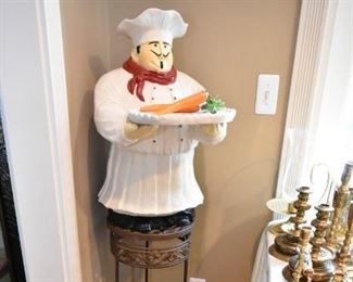 Plant stand, chef statue, brass containers