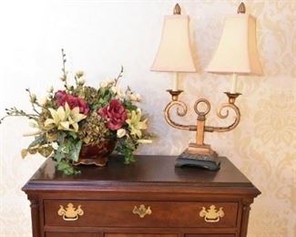 Thomasville dresser, floral arrangement, Decorative lamp 