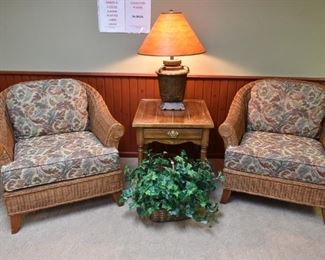 Wicker accent chairs, accent table, lamp
