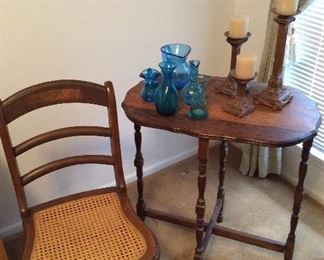 Wonderful antique table and two small cane seat chairs 